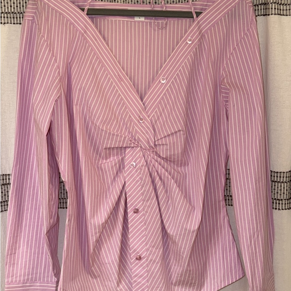 Good American Pink Striped Off-Shoulder Button-Up Top